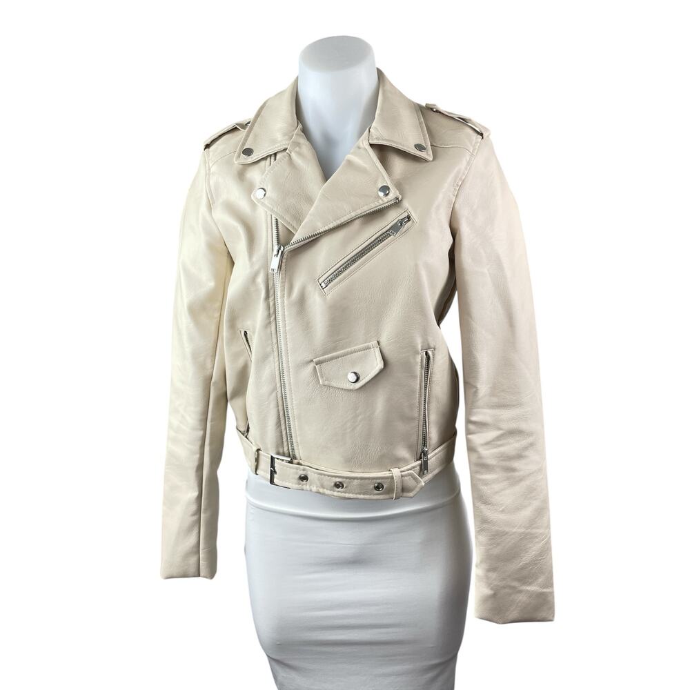 London Women's Cream Faux Leather Vegan Zip Motorcycle Biker Coat Jacket Size S